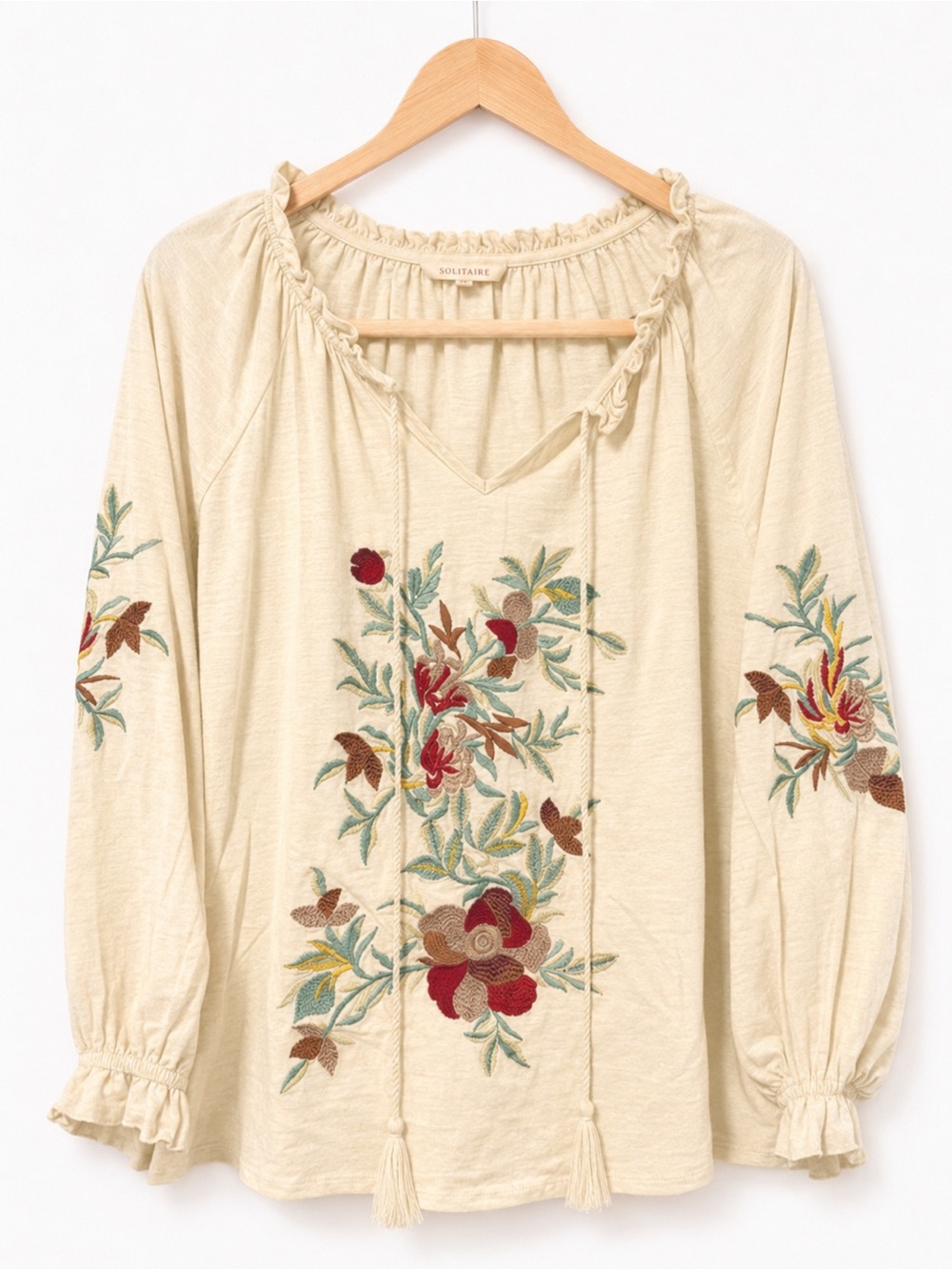 ✨ Solitaire Cream Floral Embroidered Boho Peasant Poet Top Blouse Size M ✨